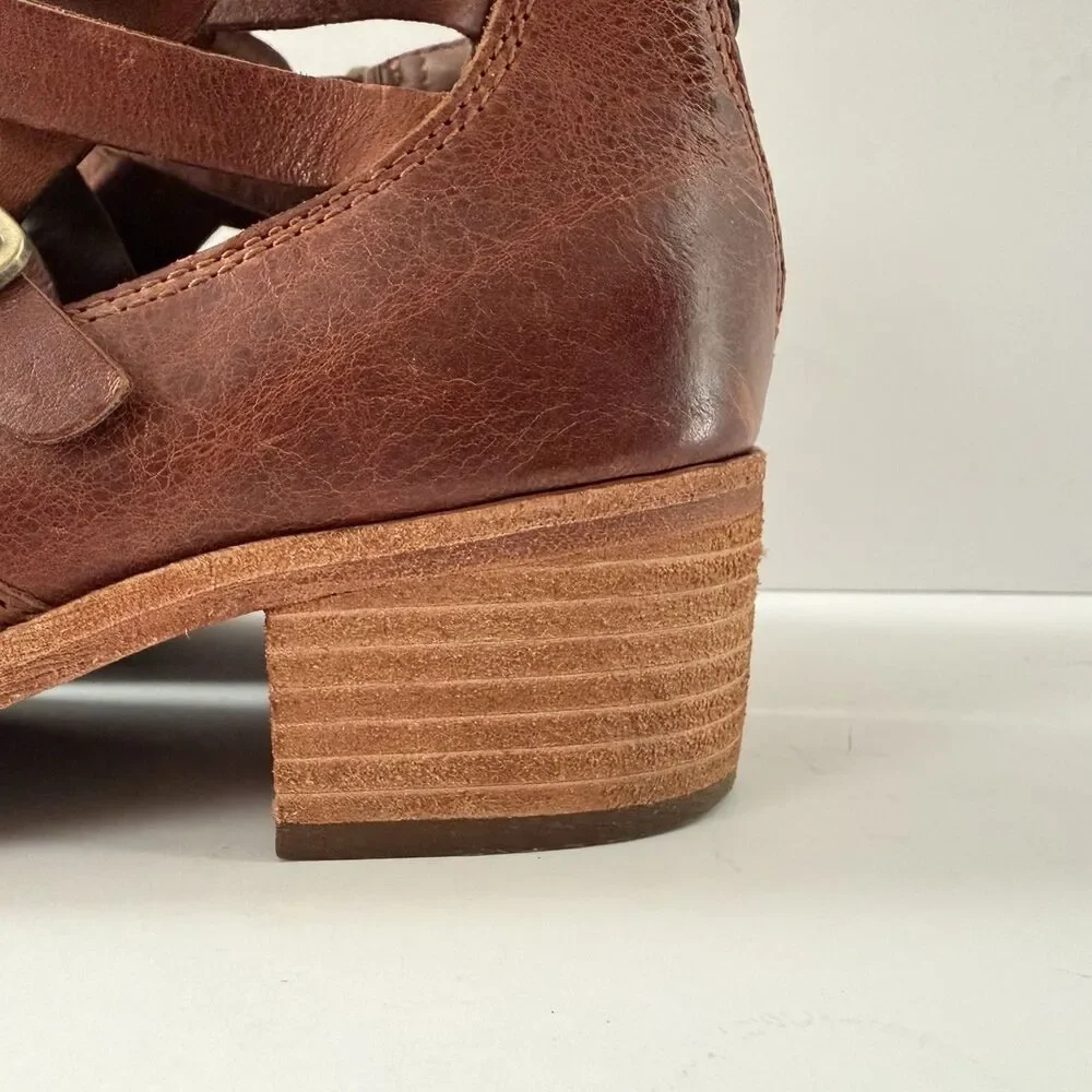 Kork-Ease Jardin Brown Leather Strappy Cut Out Ankle Booties Block Heel Size 8